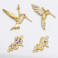 OCESRIO Cute Mini Rainbow Bird Sea Horse Pendants for Making Jewelry Gold Plated Brass Zircon Jewellery Crafts Wholesale pdta608