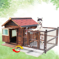 Modern Outdoor Solid Wood Dog Houses Waterproof Medium-sized Warm Villa Dog Kennel Home Four Seasons Rainproof Dog House Fence