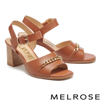 【MELROSE】氣質時髦金屬鏈條牛皮方頭高跟涼鞋(棕)