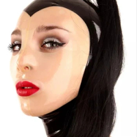 Women Sexy Black Latex Rubber Mask Hood with Black Hair Pigtail for Party Latex Hood Mask