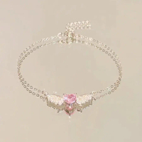 Angel Wing Pink Diamond Heart Necklace for Women - Ins Style, Niche, Light Luxury, Sweet, Gentle, El