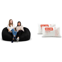 Big Joe Fuf XXL Foam Filled Bean Bag Chair with Removable Cover, Black Plush, Soft Polyester &amp; Bean Refill 2 Pack Polystyren