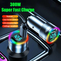 USB Car Charger Adapter with Voltage Monitor LED Light 300W Dual Port Super Fast Charging for iPhone Samsung Oneplus Huawei OPPO