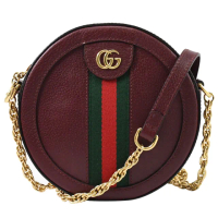 【GUCCI 古馳】金屬GG牛皮藍紅藍斜背包圓餅包小廢包(酒紅)