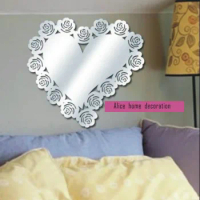 Free shipping rose flower and big heart acrylic decorative mirror sticker, wall mirror sticker decoration