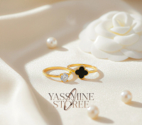 Cincin Set Isi 2 Clover Bunga Hitam Dan Permata Simple Korean Style CS99