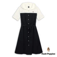 【Hush Puppies】女裝 洋裝 拼接假兩件連帽綁帶休閒洋裝(丈青 / 43215104)