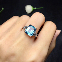 S925純銀海藍寶石托帕石藍鋯石長方形戒指蝶形氣質女款禮物鍍白金