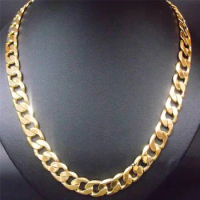 24" 12mm 24k yellow gold filled men's necklace curb chain jewelry (STAMPED)