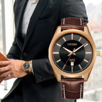 【CITIZEN 星辰】極簡紳士時尚石英真皮腕錶/咖啡x金框(BI1033-04E)