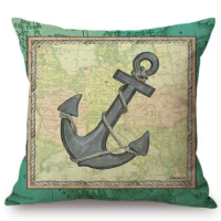 Summer Oceanic Blue Marine Sailor Art Map Anchor Ruddle Sea Horse Turtle Home Decor Sofa Pillow Case Vintage Linen Cushion Cover