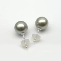 Free Shipping 18K White Gold Round Light Green Tahitian Cultured Pearl Earrings 9.5-10mm