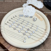 Bộ 3 món vòng cổ nữ bốn lá, Vòng tay cỏ 4 lá không han gỉ, khuyên tai TRẮNG