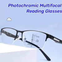 2024 Multifocal Photochromic Reading Glasses Anti-blue Light Far Sight Glasses Men's Half Frame Business Presbyopia Glasses