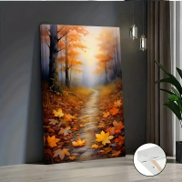 1 Piece Large Modern Autumn Path Canvas Painting - Warm Orange, Yellow, Brown, Gold, Green, Brown - 
