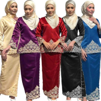 Malaysia Ladies Two Piece Suit Women Satin Embroidery Tops Skirt Muslim Set Ladies Party Indonesian Eid Ramadan Baju Kurung Suit