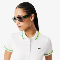 【LACOSTE】女裝-L.12.D 修身條紋配色短袖Polo衫(白色/黃綠配色)