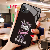 Kuromi Luminous Tempered Glass phone case For Apple iphone 13 14 Pro Max Puls Kawaii Luxury Fall ProtectionLED Backlight cover