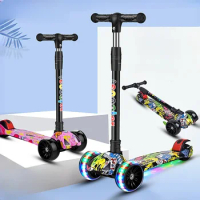 Foldable Children Scooter 3 Wheel Scooter with Flash Wheels Kick Scooter for 3-12 Year Kids Adjustable Height
