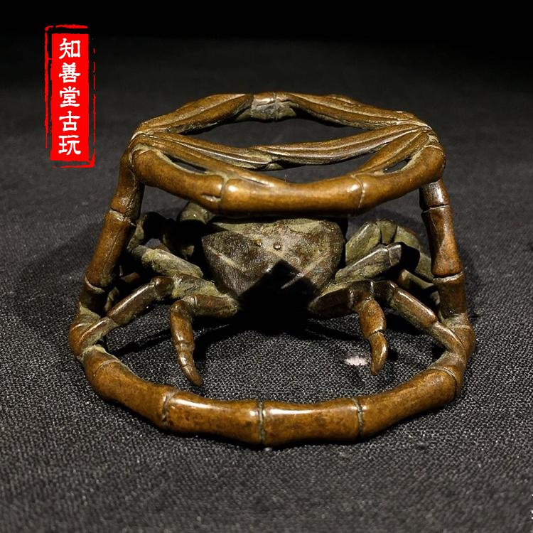 日本古美術/金工藝術古銅造蟹細工置物大中小三只/盆景/茶道具