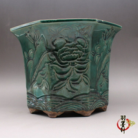 仿古瓷 晚清綠釉 雕刻花紋 花盆（大號）古玩古董陶瓷器 盆栽