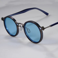 Vintage Small Round Alloy+Acetate Tavat Sunglasses Unique Hollow Inlay Design Polarized Lens Good Quality Women Man Eyeglasses