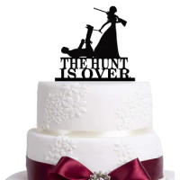 Bridal Garter Hunter Rifle Wedding Cake Topper The Hunt is Over Bride Groom Dragging Mr and Mrs Cake