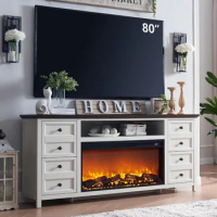 TV Stand, 80 Inch Entertainment Center w/Electric Fireplace &amp; 4 Faux Double Drawers, Large Media Console Cabinet, TV Stand