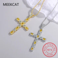 Full Moissanite Cross Pendant Necklace Original 925 Sterling Sliver Chain Plated 18k White Gold Citrine Necklace for Women