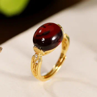 S925 sterling silver gold-plated natural blood amber ring simple personality hollow ladies open ring