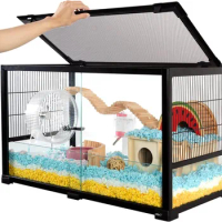 Large Glass Hamster Cage 32" L x 16" W x 18" H Deluxe Hamster Cage with Big Room Chew-Proof Gerbil Cage with Front Sliding Door