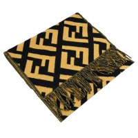 【FENDI 芬迪】品牌雙F緹花100%純喀什米爾羊毛保暖披肩長圍巾(黑黃)