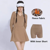 Female V-neck Polo Tennis Dresses Ladies Side Pocket Fleece Workout Dress Women Full Sleeve Warm Sport Skort with Inner Short