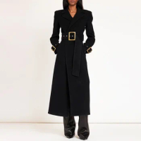 Tesco Autumn Winter Black Women Long Trench Fashion Simple Coat Belt woolen Trench Fall Jacket For Female 2023 ropa mujer