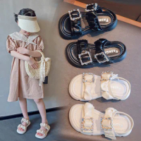 Girls' Sandals Thick-soled Children 2024 Summer New Girls' Rhinestone Soft Soled Open-toed Princess Sandals