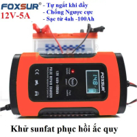 Bộ kích điện   Bình điện ắc quy Sạc bình ắc quy 12V 5A (4-100Ah) FOXSUR có khử sunfat Ver 7.0 sản xuất tháng 9-2019sac binh acquy máy sạc acquy tu dongbo kich dienkich dien 12v