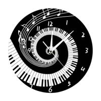 New Elegant Piano Key Clock Music Notes Wave Round Modern Wall Clock Without Battery Black + White Acrylic
