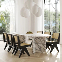 Luxury White Marble Dining Table Set Hotel Kitchen 6 Chairs Dining Table Polished Finish Natural Stone Furniture For Sale