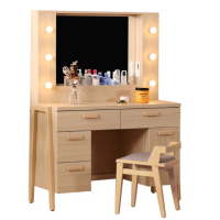 【WAKUHOME 瓦酷家具】Aurora北歐橡木LED網美鏡4尺化妝桌-含椅-B001-691+692+694