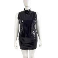 Sexy Club Mini Dress for Womens Shiny PVC Leather Turtleneck Bodycon Sleevelss Dress Plus Size Full Zipper Bodycon Short Dress