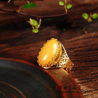 天然蜜蠟戒指女鏤空銀鍍金精鑲琥珀滿密雞油黃活圈口復古手飾時尚