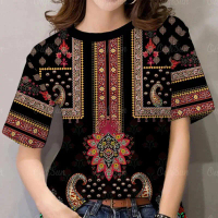 Kemeja-T Bohemia Vintage Cetak Penuh Lengan Pendek Rekaan 3D Pakaian Wanita Baju-T Wanita Tradisiona