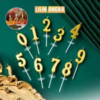 ONE-C1139 Lilin Angka Gold 0-9 Hiasan Kue Ultah / Lilin Ulang Tahun Emas Lilin Angka Metalik Number