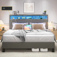 Storage Headboard,Upholstered Queen Bed Frame with Built in Charging Station &amp; LED, Noise-Free/Wood Support/No Box Spring Needed