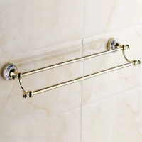 Gold Color Brass Wall Mounted Bathroom Hardware Double Towel Rail Bar Holder Dba255