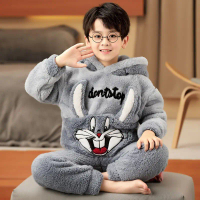Boys' Coral Fleece Pajamas Autumn Winter Set Thick Cartoon Kids Children's Flannel Hooded Loungewear