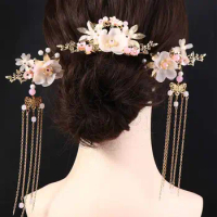 Chinese Long Tassel Hairpins Women Girls Flower Crystal Hair Comb Earrings Handmade Hanfu Headwear Sets Fashion Hair Clips