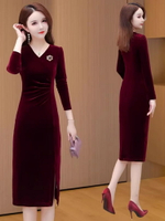 金絲絨旗袍連衣裙2024新款女裝秋冬高端喜婆婆婚宴裝媽媽洋裝結婚禮服【步行者戶外生活館】