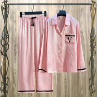Women's Pajama Pocket V Embroidered Pajama Set Satin Comfortable Long Sleeve Button Pajama Lounge Pant for Women Sleepwear