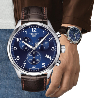 TISSOT天梭 官方授權 韻馳系列 XL計時碼錶石英腕錶-藍x棕 母親節 禮物 45mm/T1166171604700